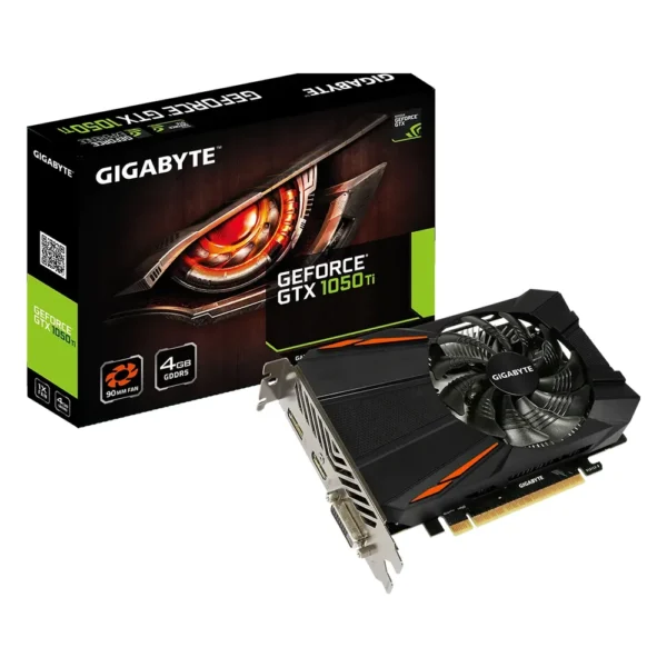Carte graphique GeForce GTX 1050 Ti : modèle Gigabyte GeForce GTX 1050 Ti D5 4G avec sa boîte