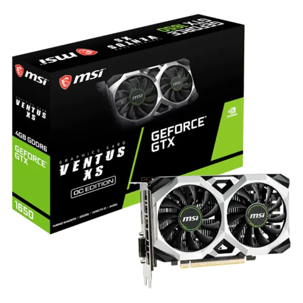 Carte graphique GeForce GTX 1650 : modèle MSI GeForce GTX 1650 D6 Ventus XS OC avec sa boîte