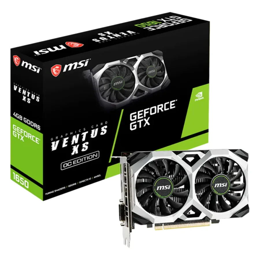 Carte graphique GeForce GTX 1650 : modèle MSI GeForce GTX 1650 D6 Ventus XS OC avec sa boîte