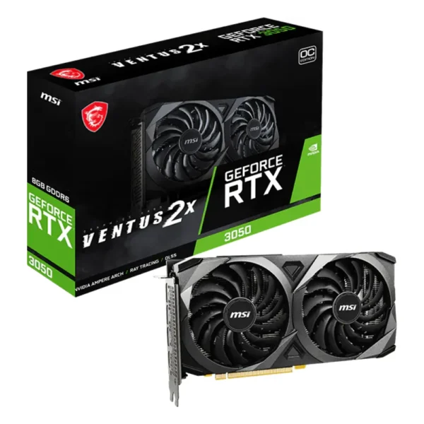 Carte graphique GeForce RTX 3050 8 Go : modèle MSI GeForce RTX 3050 Ventus 2X 8G OC avec sa boîte