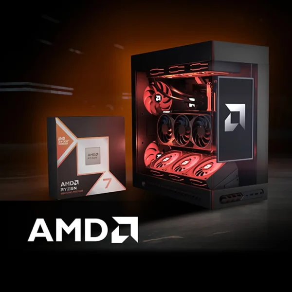Boîte du processeur AMD Ryzen 7 9850X3D devant un PC de jeu