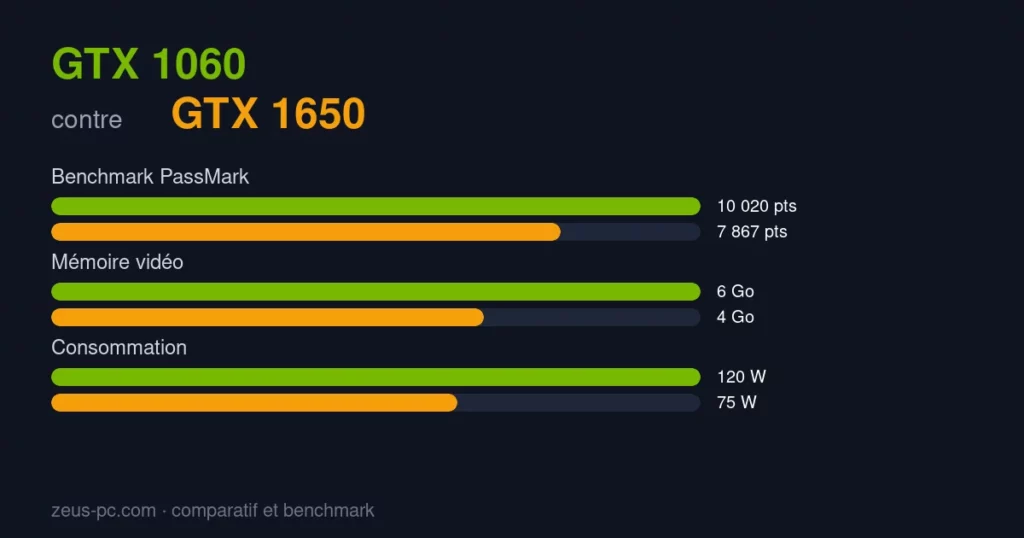 Comparatif GTX 1060 vs GTX 1650 : score benchmark, mémoire vidéo et consommation