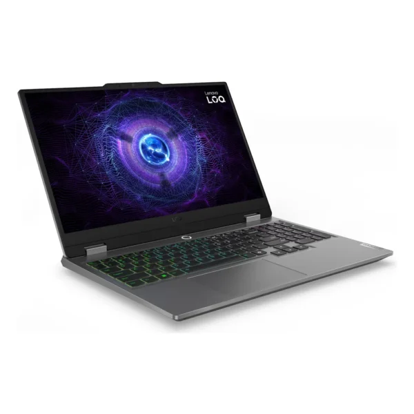 PC portable gamer Lenovo LOQ 15 (15IAX9) ouvert, vue de trois quarts