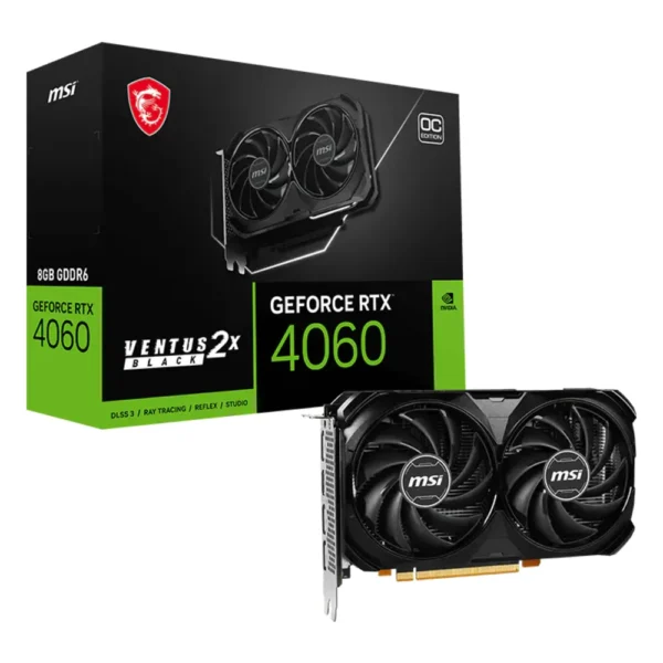 Carte graphique GeForce RTX 4060 : modèle MSI GeForce RTX 4060 Ventus 2X Black 8G OC avec sa boîte