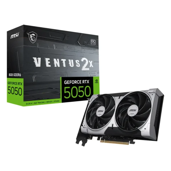 Carte graphique GeForce RTX 5050 : modèle MSI GeForce RTX 5050 8G Ventus 2X OC avec sa boîte