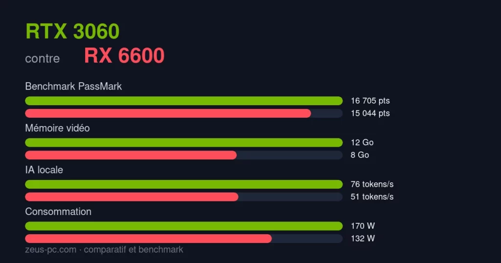 Comparatif RTX 3060 vs RX 6600 : score benchmark, mémoire vidéo et consommation