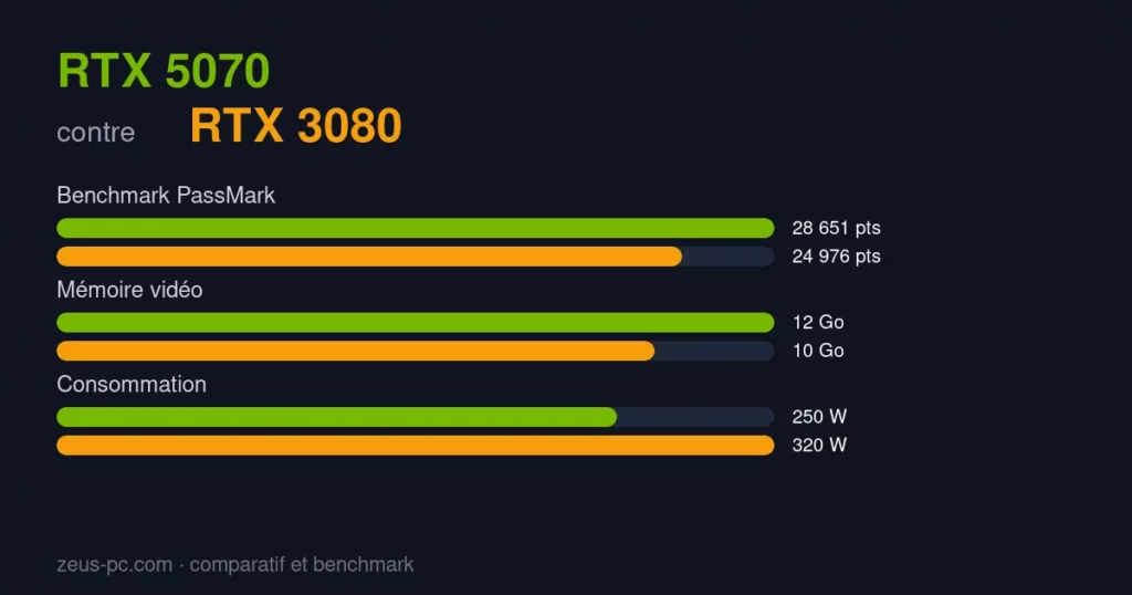 Comparatif RTX 5070 vs RTX 3080 : score benchmark, mémoire vidéo et consommation
