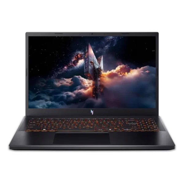 PC portable Acer Nitro V 15 noir, ouvert, clavier rétroéclairé orange
