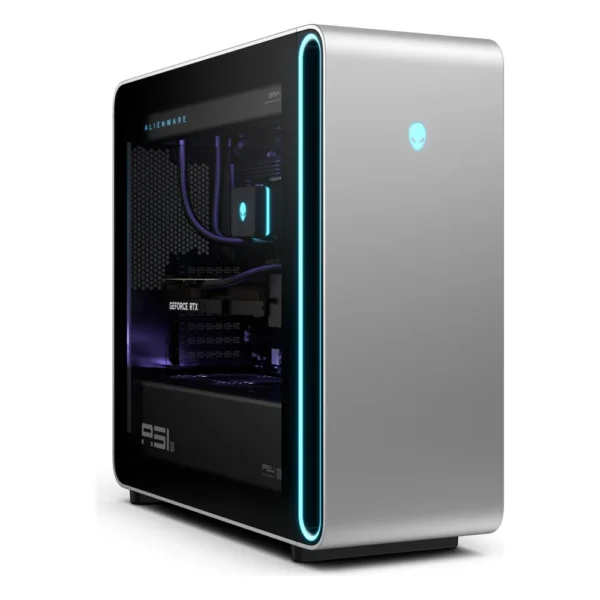 Tour Alienware Area-51 argentée avec vitre latérale et watercooling