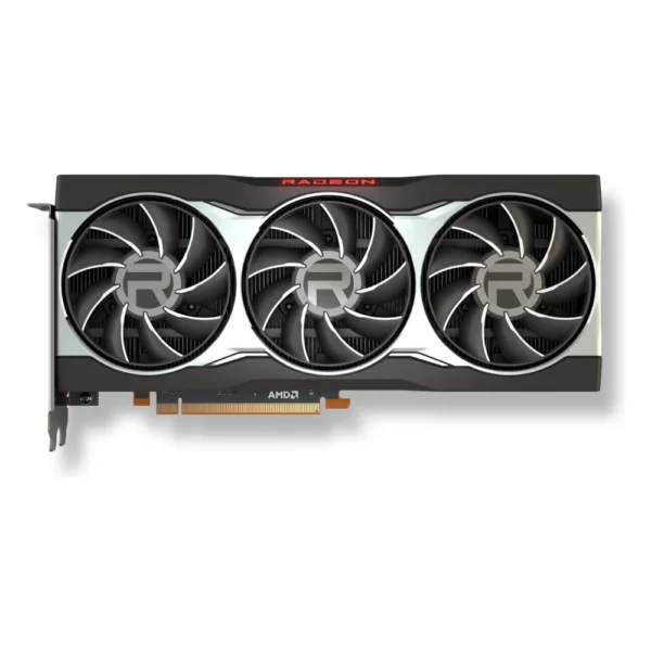 Carte graphique AMD Radeon RX 6800 de référence vue de face avec ses trois ventilateurs