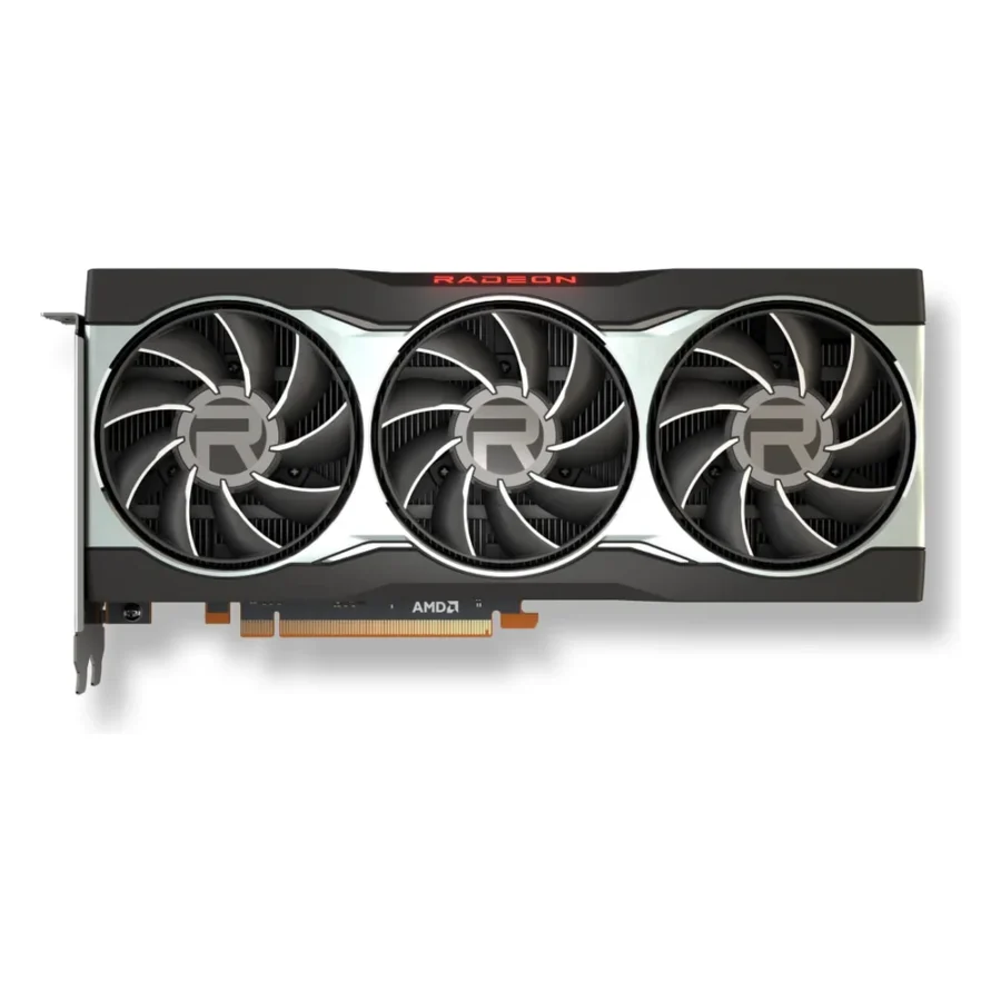 Carte graphique AMD Radeon RX 6800 de référence vue de face avec ses trois ventilateurs