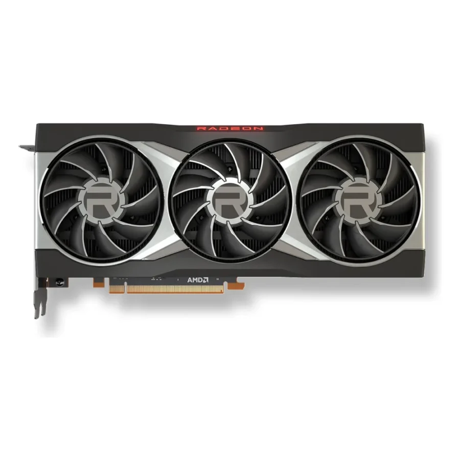 Carte graphique AMD Radeon RX 6900 XT de référence vue de face avec ses trois ventilateurs