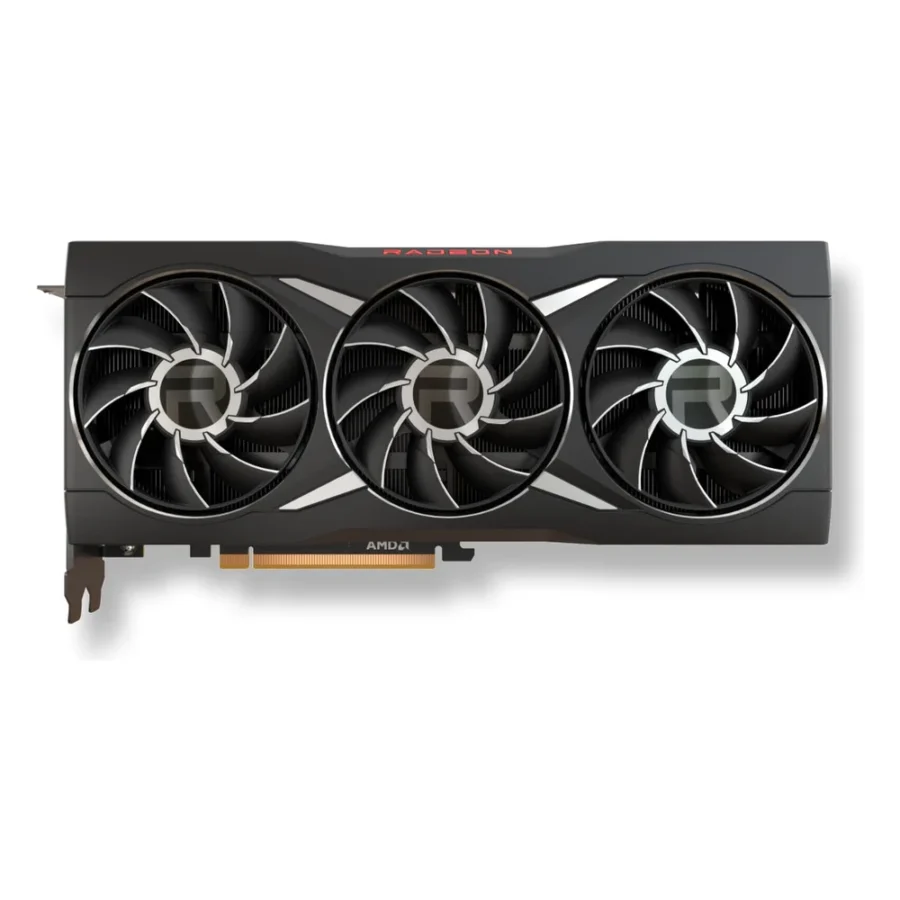 Carte graphique AMD Radeon RX 6950 XT de référence vue de face avec ses trois ventilateurs
