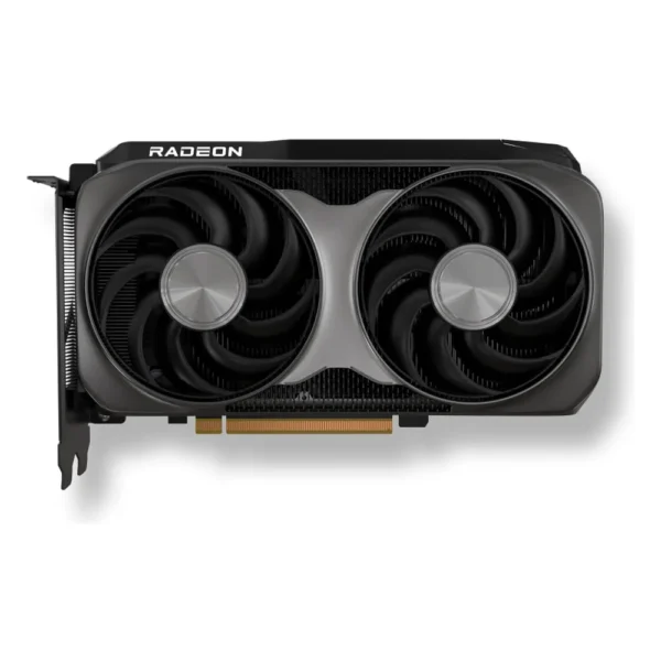 Carte graphique AMD Radeon RX 9060 XT vue de face avec ses deux ventilateurs