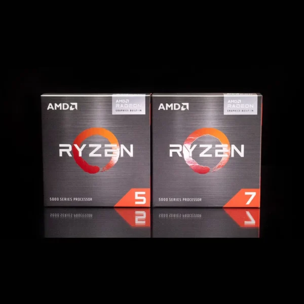 Boîtes des processeurs AMD Ryzen 5 et Ryzen 7 série 5000G avec graphismes Radeon, gamme du Ryzen 5 5600G