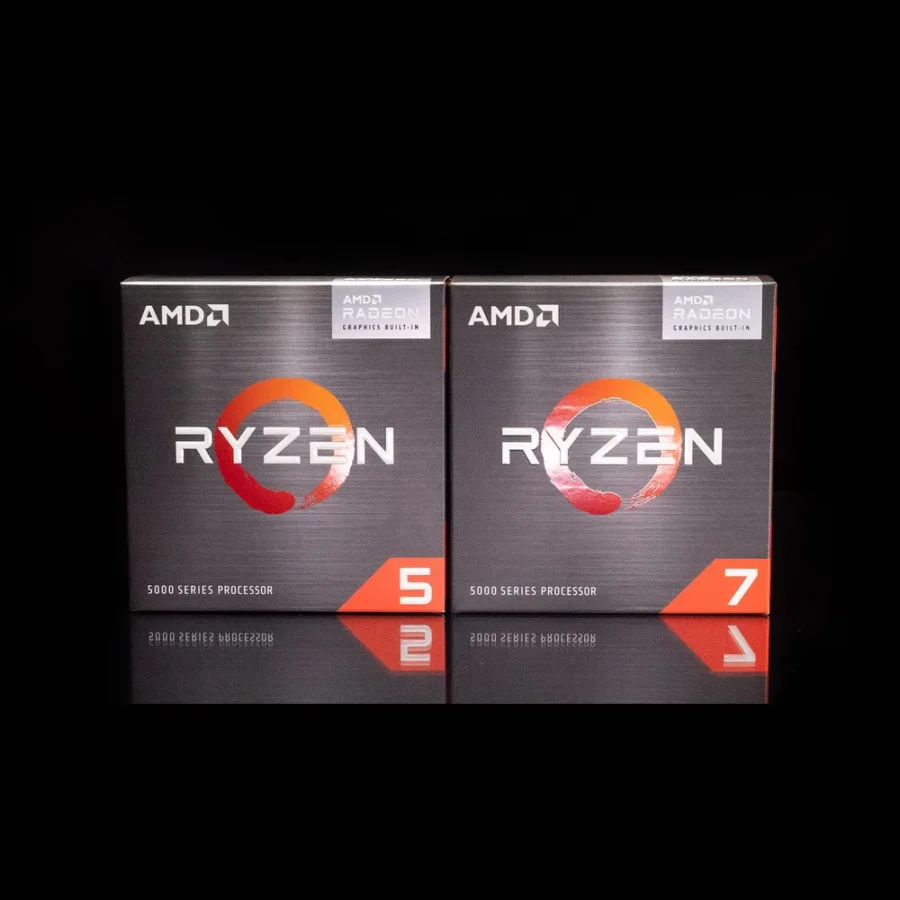 Boîtes des processeurs AMD Ryzen 5 et Ryzen 7 série 5000G avec graphismes Radeon, gamme du Ryzen 5 5600G