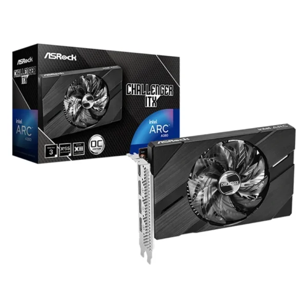 Carte graphique Intel Arc A380 : modèle compact ASRock Intel Arc A380 Challenger ITX 6GB OC à un ventilateur, avec sa boîte