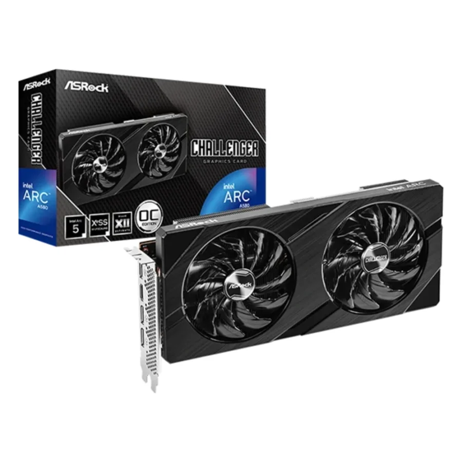 Carte graphique Intel Arc A580 : modèle ASRock Intel Arc A580 Challenger 8GB OC à deux ventilateurs, avec sa boîte