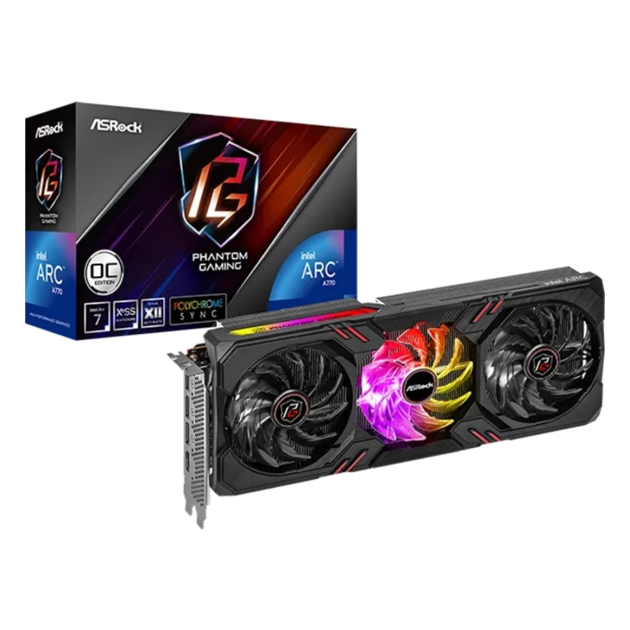 Carte graphique Intel Arc A770 : modèle ASRock Intel Arc A770 Phantom Gaming 16GB OC à trois ventilateurs, avec sa boîte