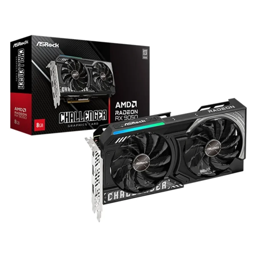 Carte graphique AMD Radeon RX 9050 : modèle ASRock Radeon RX 9050 Challenger 8GB à deux ventilateurs, avec sa boîte