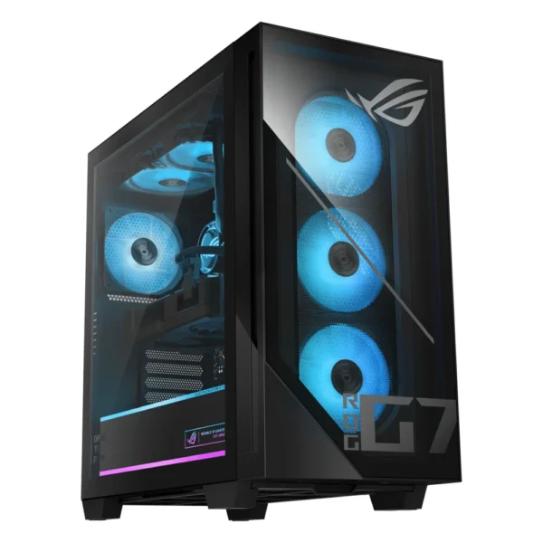 Tour ASUS ROG G700 noire, façade vitrée et trois ventilateurs bleus