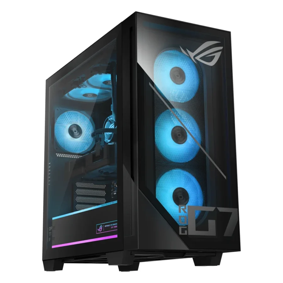 Tour ASUS ROG G700 noire, façade vitrée et trois ventilateurs bleus