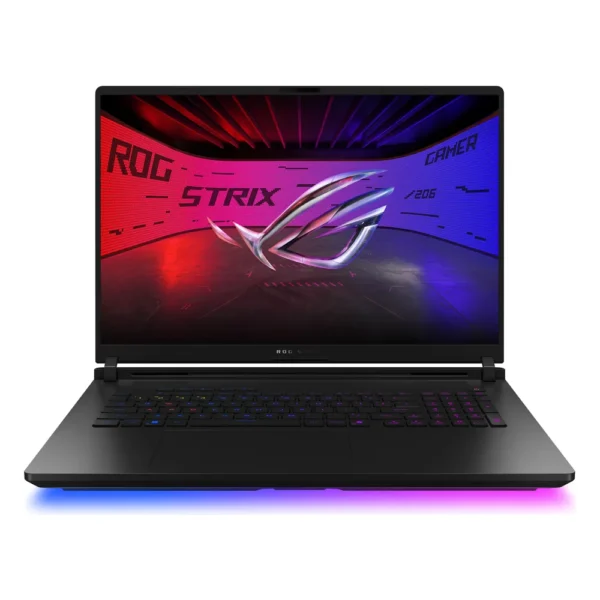 PC portable ASUS ROG Strix SCAR 18 (2026) noir, ouvert et vu de face