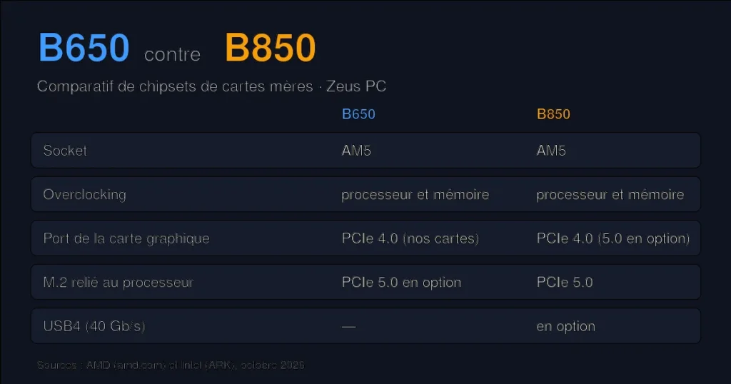 Comparatif des chipsets B650 et B850 : socket, overclocking, PCIe et USB4
