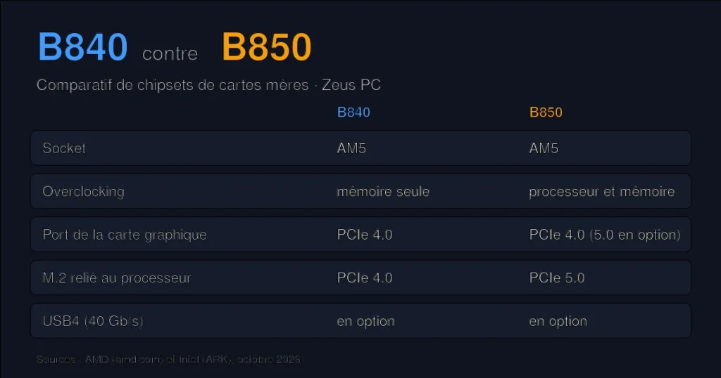 Comparatif des chipsets B840 et B850 : socket, overclocking, PCIe et USB4