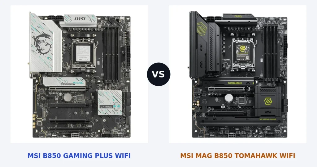 Cartes mères MSI B850 GAMING PLUS WIFI et MSI MAG B850 TOMAHAWK WIFI, photos officielles côte à côte