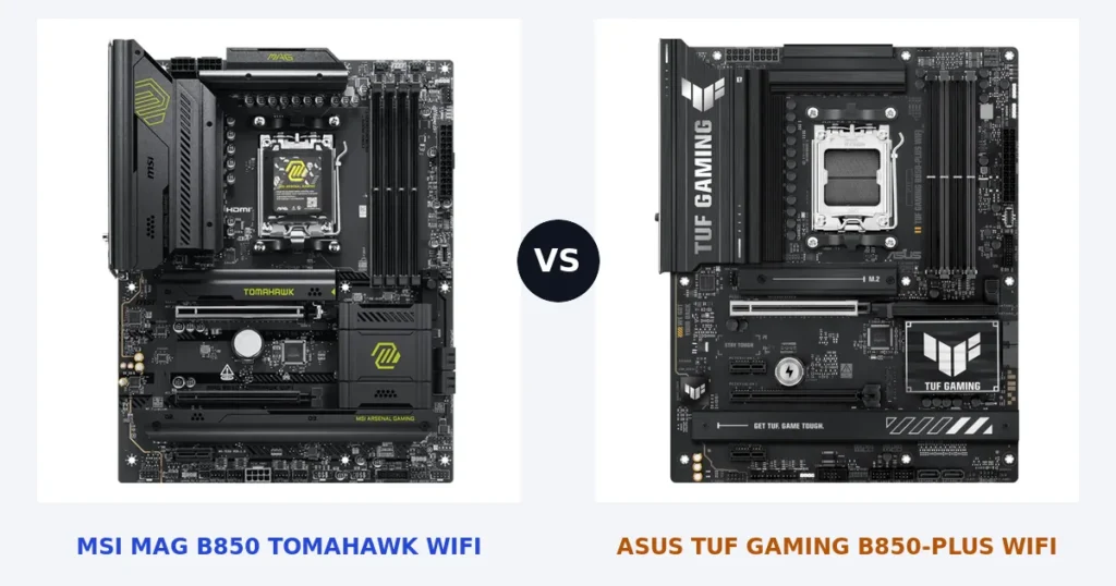 Cartes mères MSI MAG B850 TOMAHAWK WIFI et ASUS TUF GAMING B850-PLUS WIFI, photos officielles côte à côte