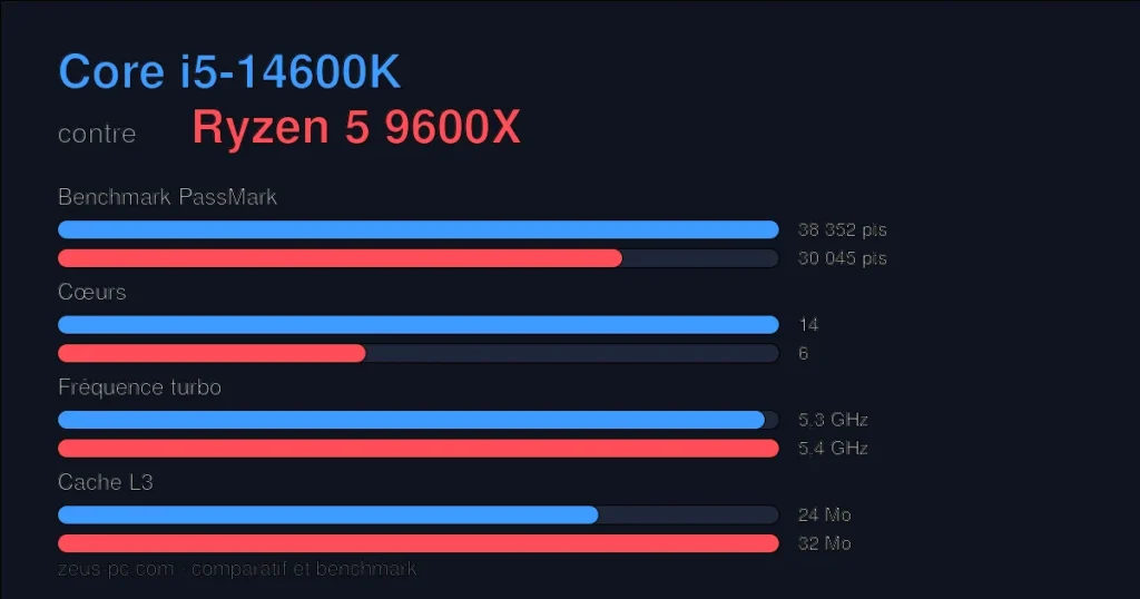 Comparatif Core i5-14600K vs Ryzen 5 9600X : score benchmark, cœurs, fréquence et cache
