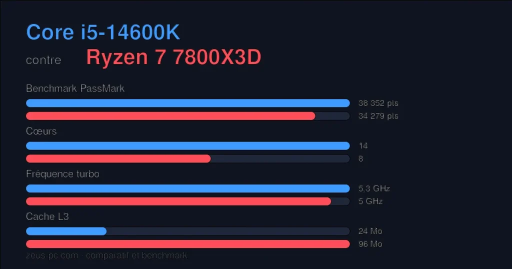 Comparatif Core i5-14600K vs Ryzen 7 7800X3D : score benchmark, cœurs, fréquence et cache