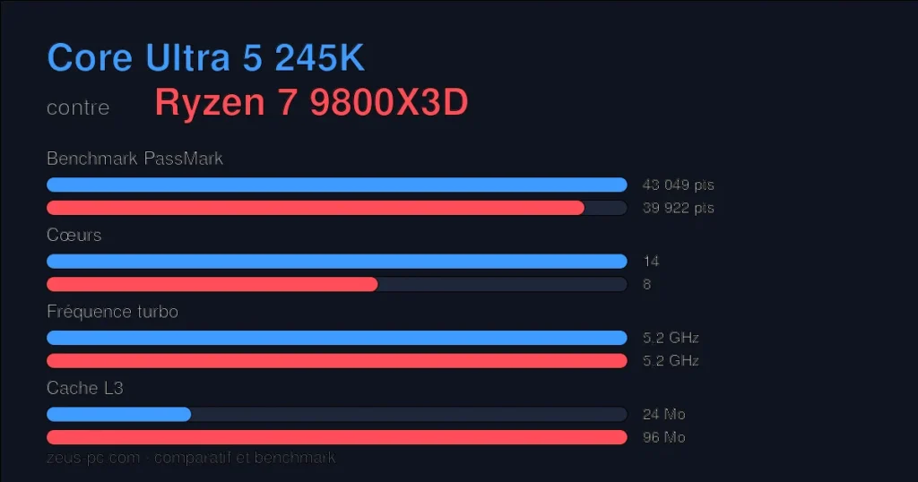 Comparatif Core Ultra 5 245K vs Ryzen 7 9800X3D : score benchmark, cœurs, fréquence et cache