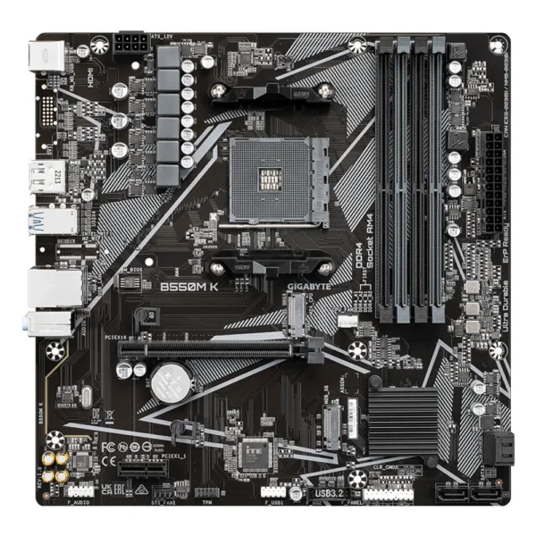 Carte mère Gigabyte B550M K (AM4, chipset B550), vue de face