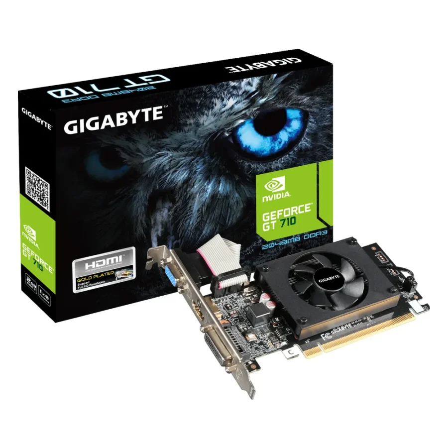 Carte graphique NVIDIA GeForce GT 710 : modèle GIGABYTE GV-N710D3-2GL extra-plat à un ventilateur, avec sa boîte