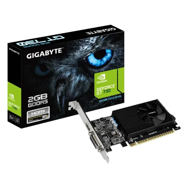 Carte graphique NVIDIA GeForce GT 730 : modèle GIGABYTE GV-N730D5-2GL en GDDR5, extra-plat, avec sa boîte