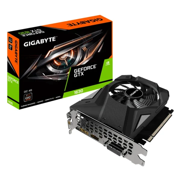 Carte graphique NVIDIA GeForce GTX 1630 : modèle GIGABYTE GeForce GTX 1630 OC 4G à un ventilateur, avec sa boîte