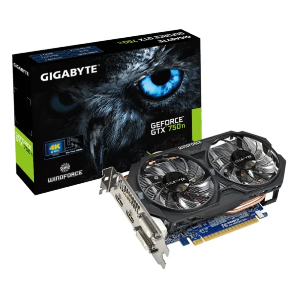 Carte graphique NVIDIA GeForce GTX 750 Ti : modèle GIGABYTE GV-N75TOC-2GI, avec sa boîte