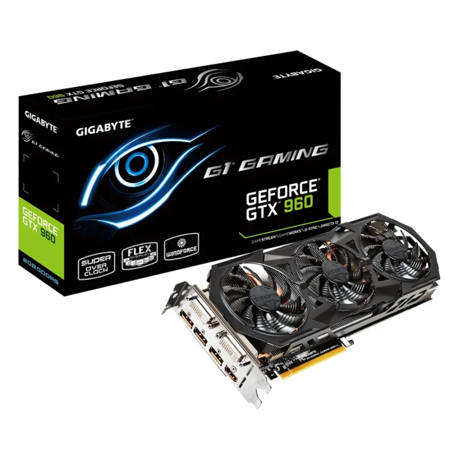 Carte graphique NVIDIA GeForce GTX 960 : modèle GIGABYTE GV-N960G1 GAMING-2GD, avec sa boîte