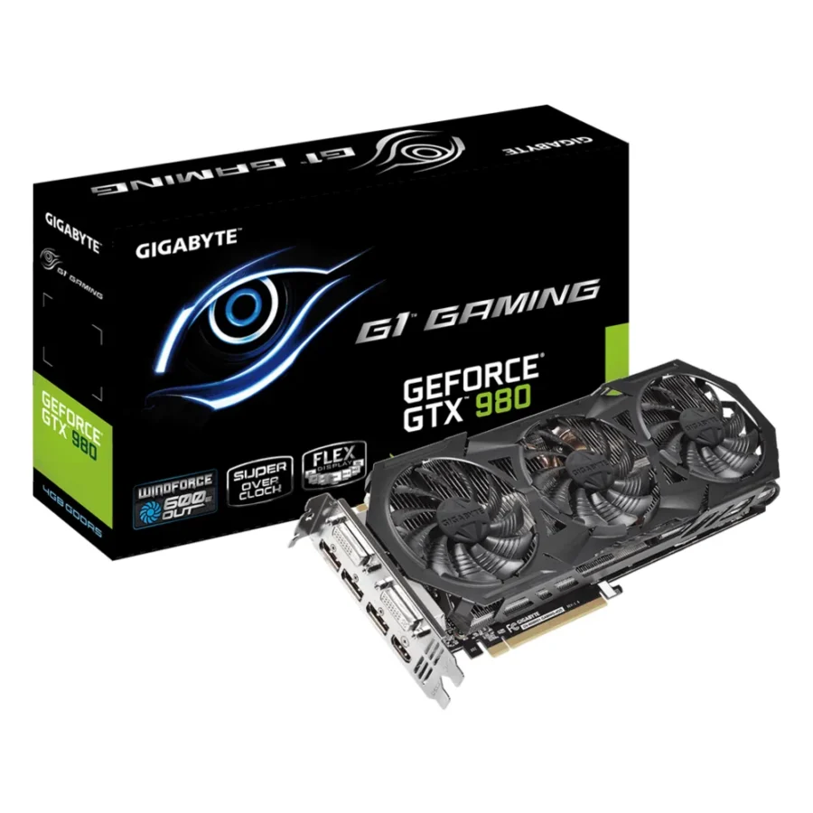 Carte graphique NVIDIA GeForce GTX 980 : modèle GIGABYTE GV-N980G1 GAMING-4GD à trois ventilateurs, avec sa boîte