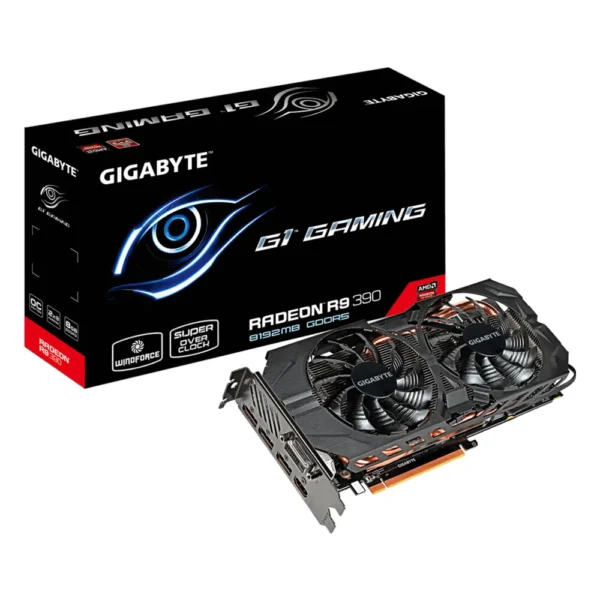 Carte graphique AMD Radeon R9 390 : modèle GIGABYTE GV-R939G1 GAMING-8GD à trois ventilateurs, avec sa boîte