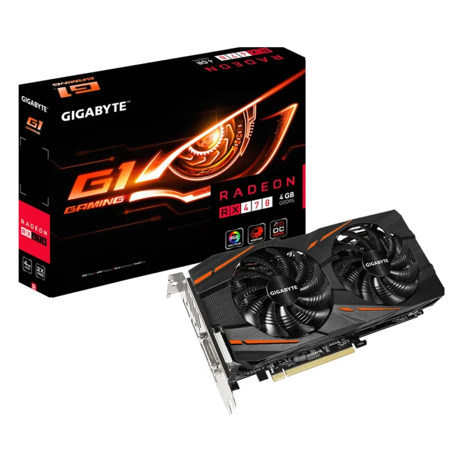 Carte graphique AMD Radeon RX 470 : modèle GIGABYTE Radeon RX 470 G1 Gaming 4G à deux ventilateurs, avec sa boîte