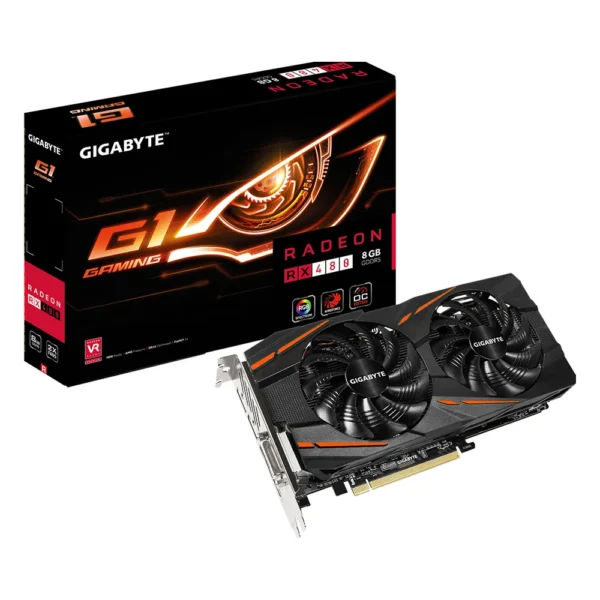 Carte graphique AMD Radeon RX 480 : modèle GIGABYTE Radeon RX 480 G1 Gaming 8G à deux ventilateurs, avec sa boîte