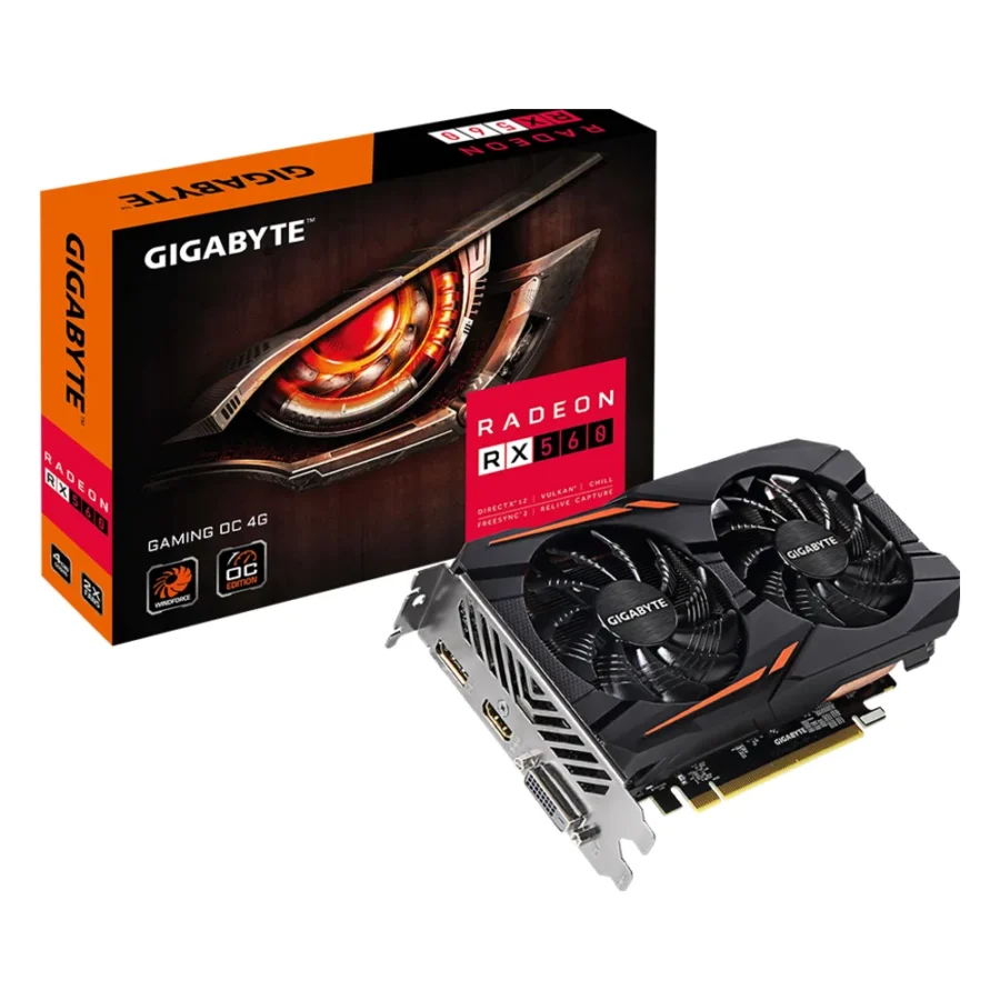 Carte graphique AMD Radeon RX 560 : modèle GIGABYTE Radeon RX 560 Gaming OC 4G à deux ventilateurs, avec sa boîte