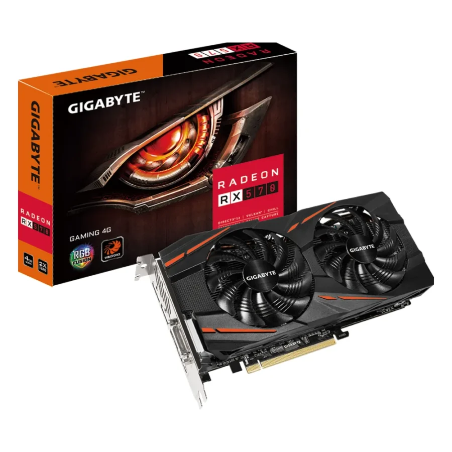 Carte graphique AMD Radeon RX 570 : modèle GIGABYTE Radeon RX 570 GAMING 4G à deux ventilateurs, avec sa boîte