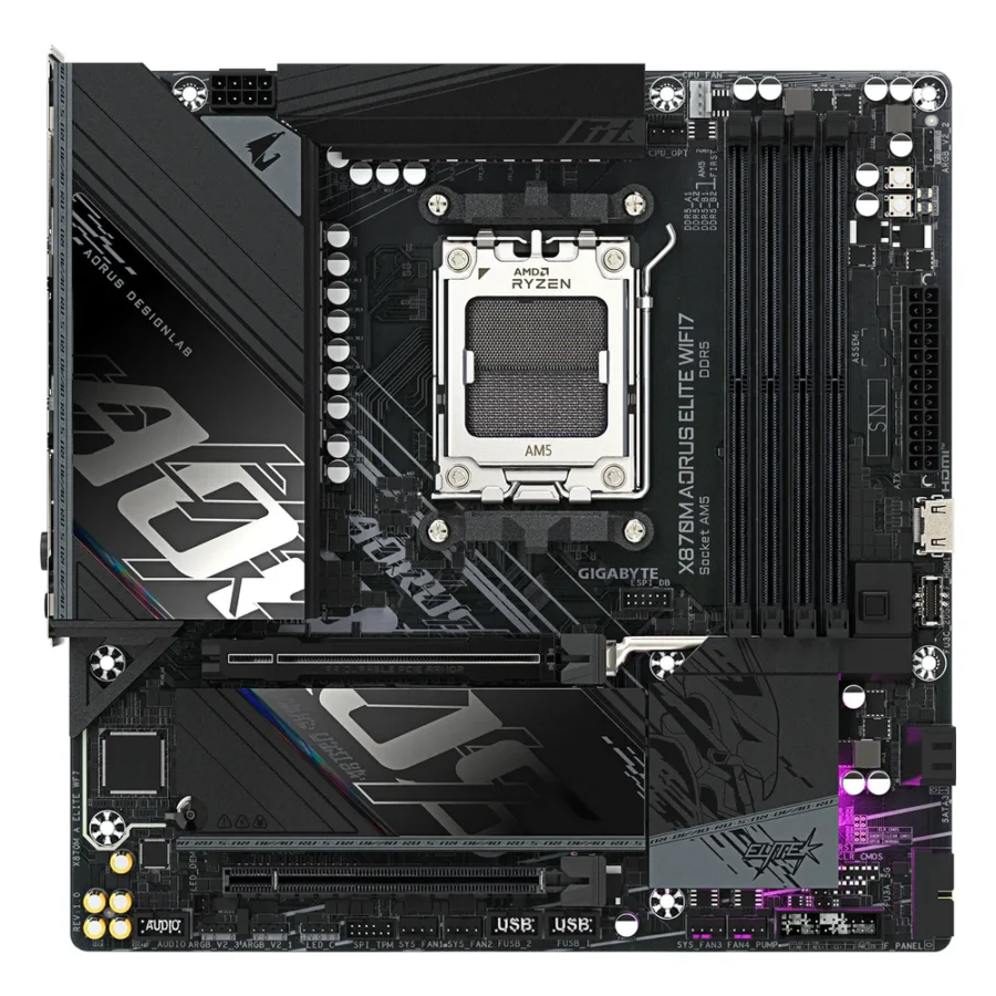 Carte mère Gigabyte X870M AORUS ELITE WIFI7 (AM5, chipset X870), vue de face