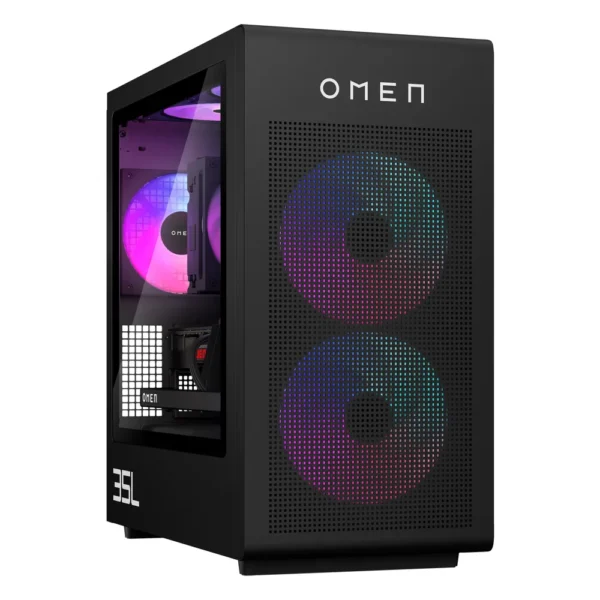 Tour HP OMEN 35L noire, vitre latérale et façade éclairée