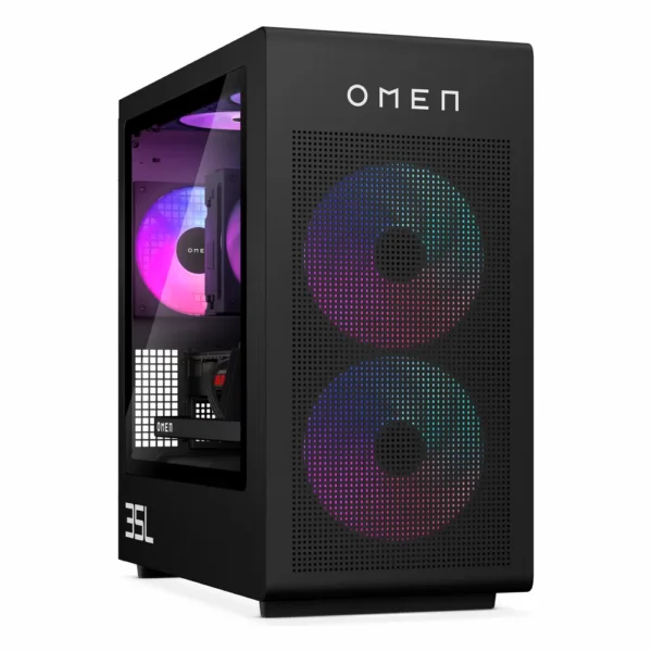 Tour HP OMEN 35L noire, vitre latérale et façade perforée éclairée