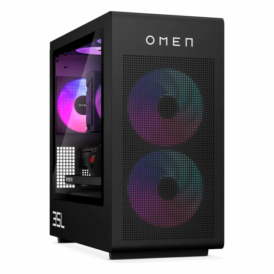 Tour HP OMEN 35L noire, vitre latérale et façade perforée éclairée